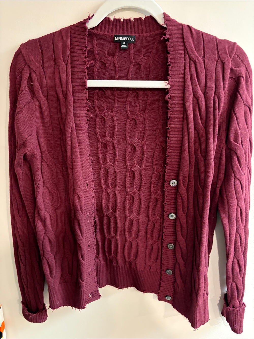 Minnie Rose Cable Knit Distressed Button Cardigan - Wine